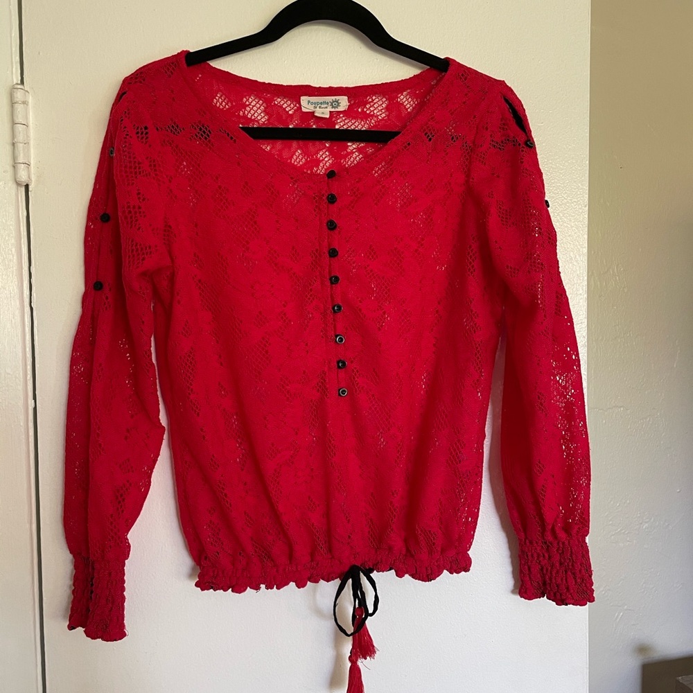 Red Button-Down Lace Top